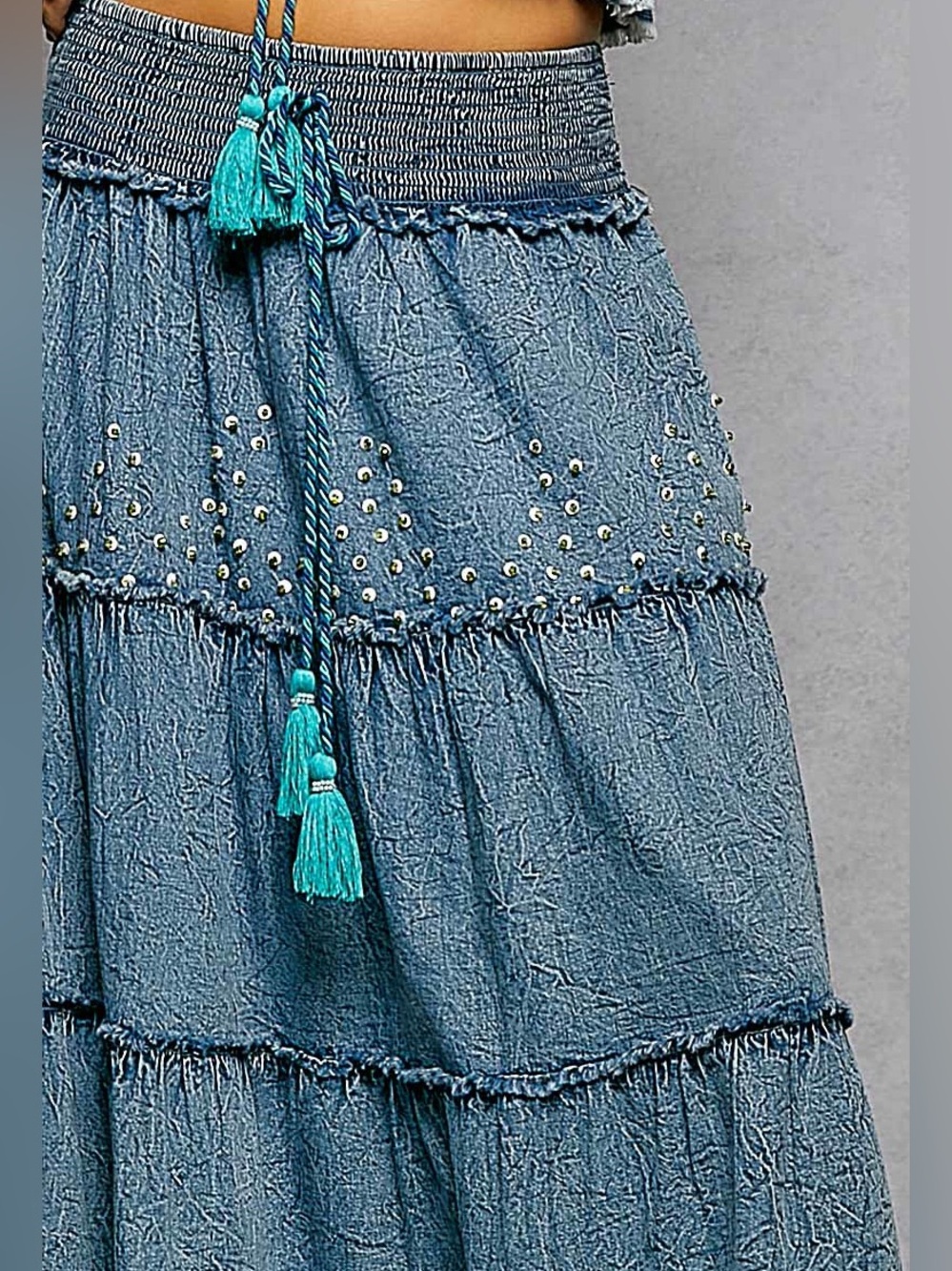 POL Bohemian Tiered Denim Maxi Length Smocked Waist Beaded Skirt - Picture 4 of 10
